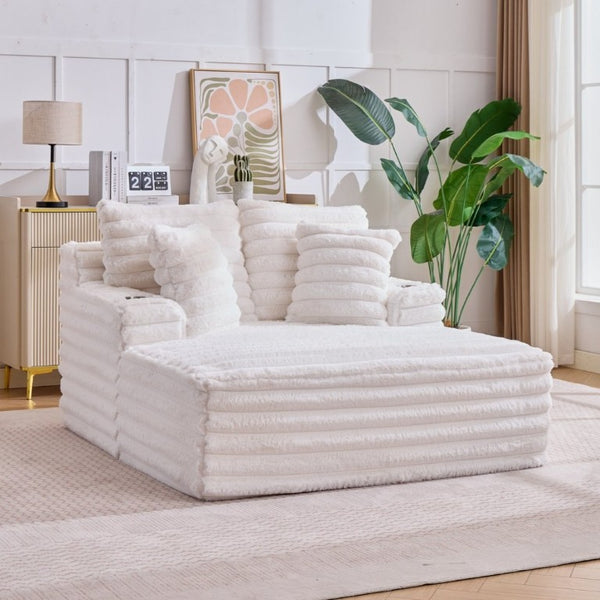 English Elm Oversized Corduroy Chaise Lounge Plush Cloud Cushioning Cup Holders Bedroom Ready White W5808P505249