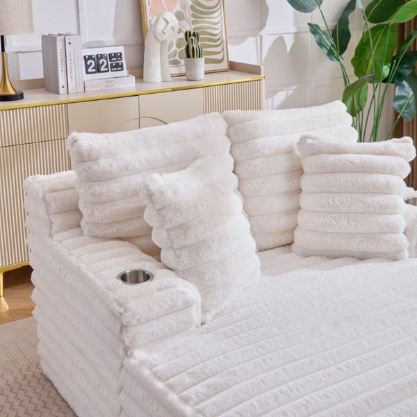 English Elm Oversized Corduroy Chaise Lounge Plush Cloud Cushioning Cup Holders Bedroom Ready White W5808P505249