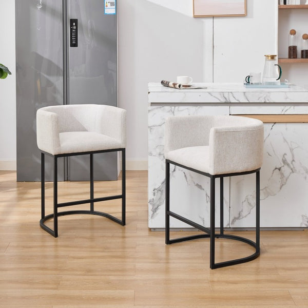English Elm 25.1 Inch Counter Barstools Set of 2 Chenille Barrel Seating with Arms for Kitchen Island Off White W5808P573619