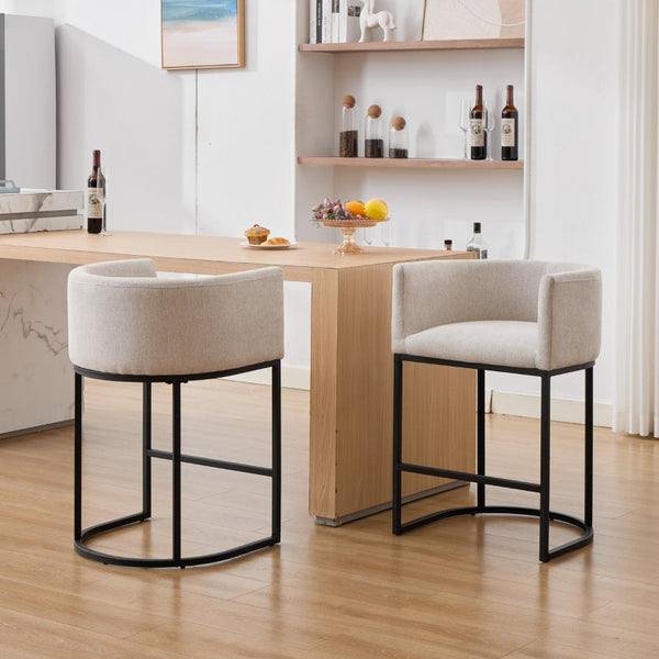 English Elm 25.1 Inch Counter Barstools Set of 2 Chenille Barrel Seating with Arms for Kitchen Island Off White W5808P573619