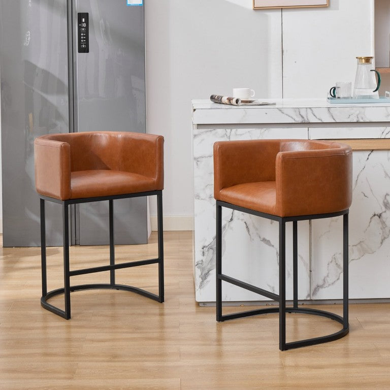 English Elm 25.1 Inch Counter Stools Set of 2 Barrel Back PU Leather Padded Arm Seats for Kitchen Brown W5808P573627