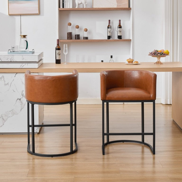 English Elm 25.1 Inch Counter Stools Set of 2 Barrel Back PU Leather Padded Arm Seats for Kitchen Brown W5808P573627