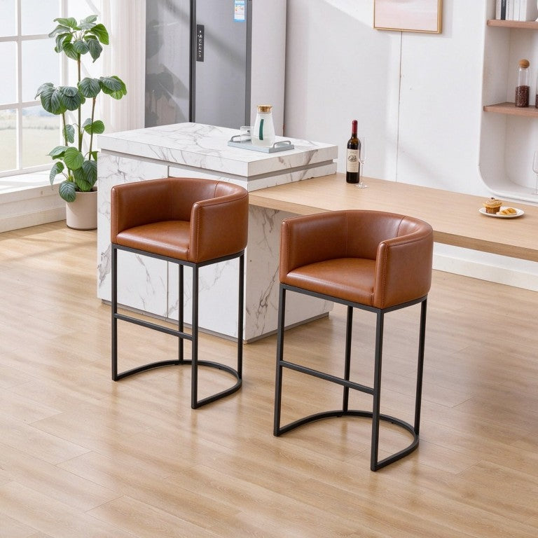 English Elm 29.1 Inch Barrel Counter Stools Set of 2 PU Leather Wraparound Arms for Kitchen Island Brown W5808P577191