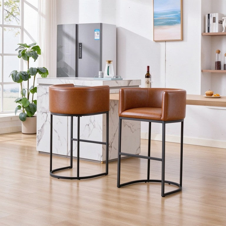 English Elm 29.1 Inch Barrel Counter Stools Set of 2 PU Leather Wraparound Arms for Kitchen Island Brown W5808P577191