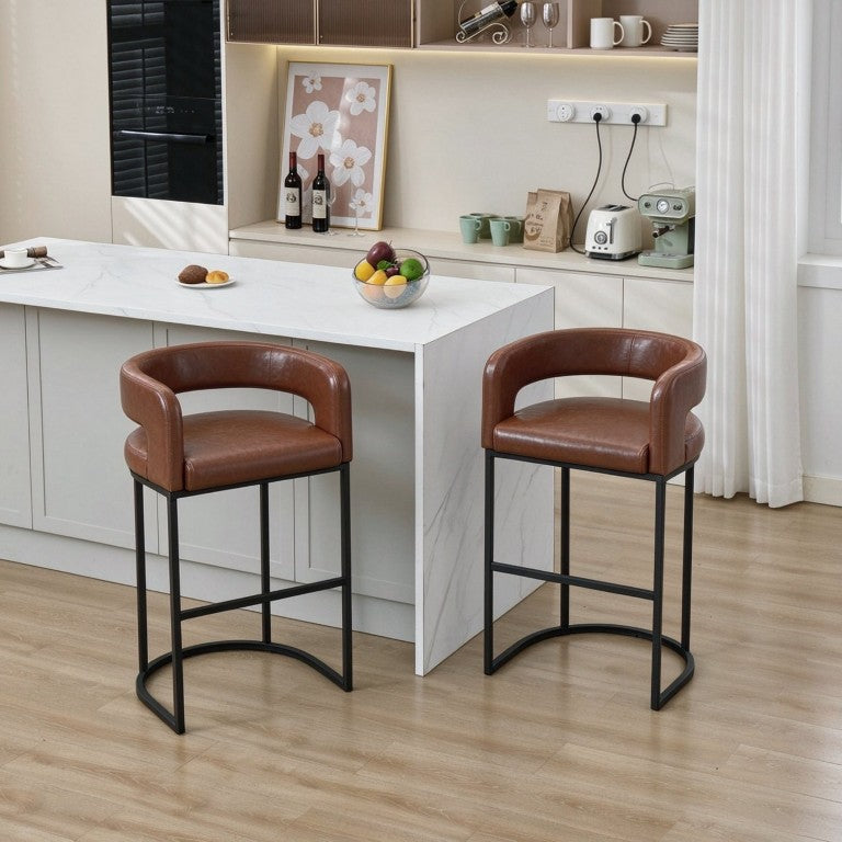 English Elm 29.1 Inch Counter Stools Set of 2 PU Leather Barrel Seats with Arms for Kitchen Island W5808P577484