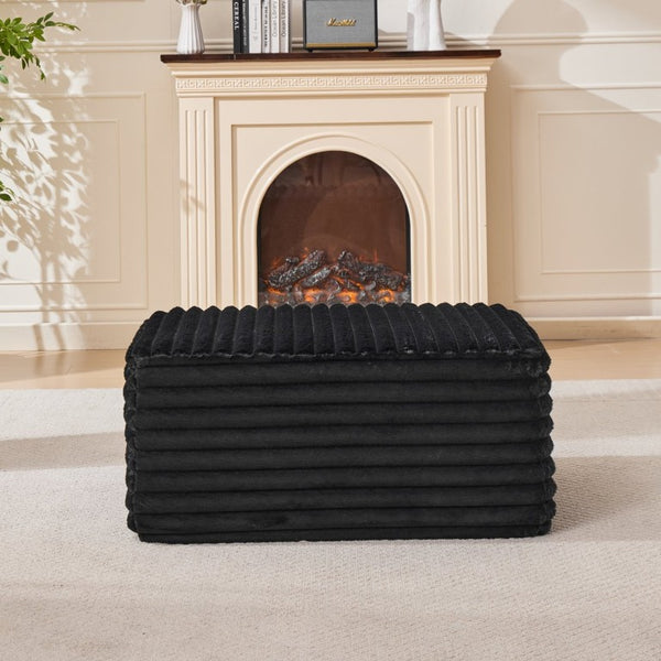 English Elm 37 Inch Striped Faux Fur Floor Ottoman with Memory Foam Fill for Living Room Bedroom Black W5808P595369