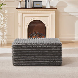 English Elm 37 Inch Striped Faux Fur Floor Ottoman with Memory Foam Fill for Living Room Bedroom Light Grey W5808P595371