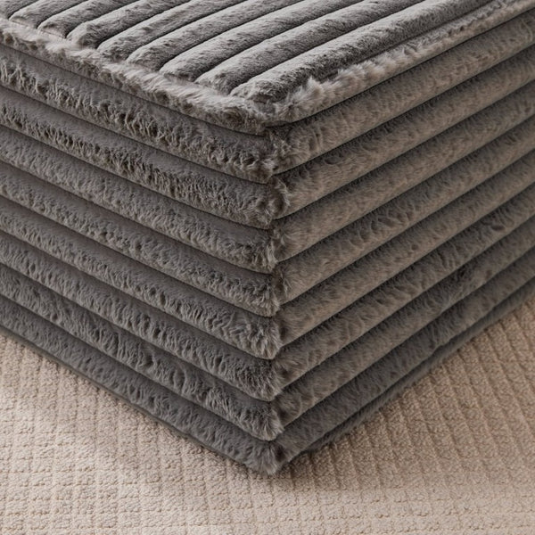 English Elm 37 Inch Striped Faux Fur Floor Ottoman with Memory Foam Fill for Living Room Bedroom Light Grey W5808P595371