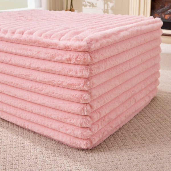 English Elm 37 Inch Striped Faux Fur Floor Ottoman with Memory Foam Fill for Living Room Bedroom Pink W5808P595372