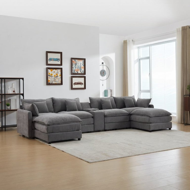 English Elm Modular U Shaped Chenille Sectional Sofa with Recliner Sleeper and Built in USB Console W5808S00002