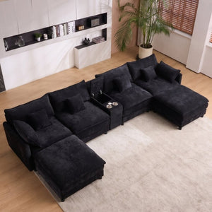 English Elm Modular U Shaped Chenille Sectional with Storage Console Cupholders and USB Charging Black W5808S00005
