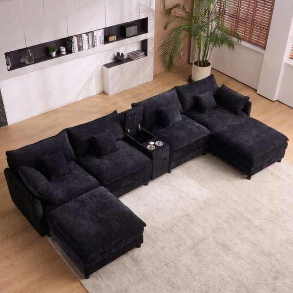 English Elm Modular U Shaped Chenille Sectional with Storage Console Cupholders and USB Charging Black W5808S00005