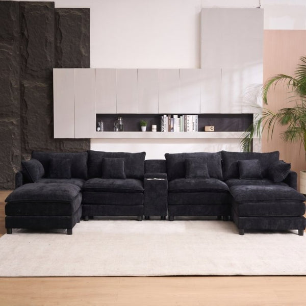 English Elm Modular U Shaped Chenille Sectional with Storage Console Cupholders and USB Charging Black W5808S00005