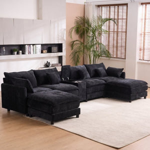 English Elm Modular U Shaped Chenille Sectional with Storage Console Cupholders and USB Charging Black W5808S00005