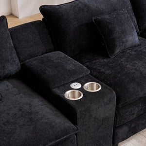 English Elm Modular U Shaped Chenille Sectional with Storage Console Cupholders and USB Charging Black W5808S00005