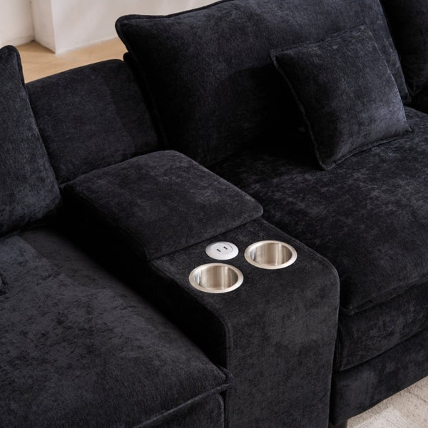 English Elm Modular U Shaped Chenille Sectional with Storage Console Cupholders and USB Charging Black W5808S00005
