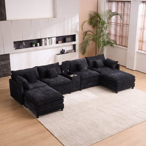 English Elm Modular U Shaped Chenille Sectional with Storage Console Cupholders and USB Charging Black W5808S00005