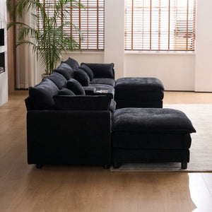 English Elm Modular U Shaped Chenille Sectional with Storage Console Cupholders and USB Charging Black W5808S00005