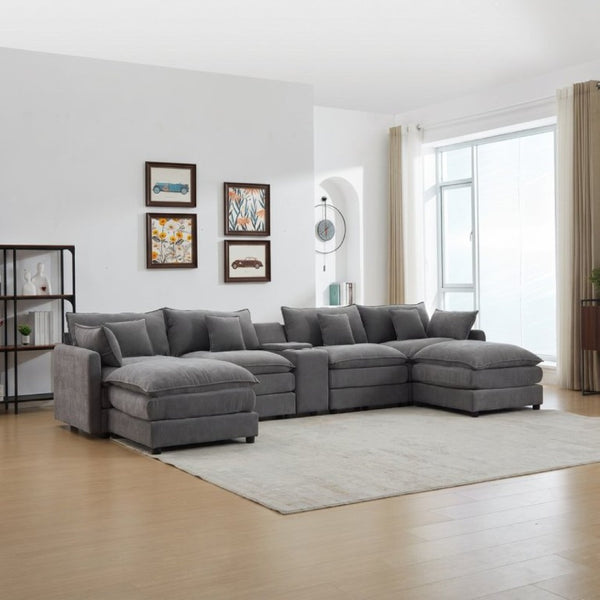 English Elm Modular U Shaped Chenille Sectional with Storage Console Cupholders and USB Charging Grey W5808S00006