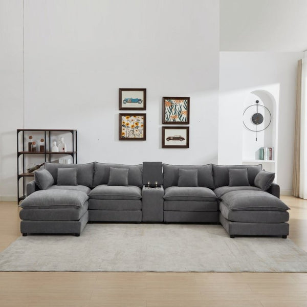 English Elm Modular U Shaped Chenille Sectional with Storage Console Cupholders and USB Charging Grey W5808S00006