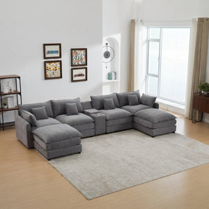 English Elm Modular U Shaped Chenille Sectional with Storage Console Cupholders and USB Charging Grey W5808S00006