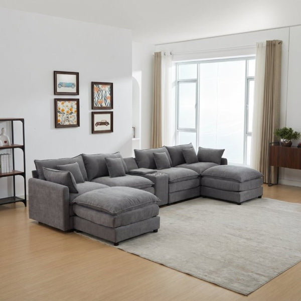 English Elm Modular U Shaped Chenille Sectional with Storage Console Cupholders and USB Charging Grey W5808S00006