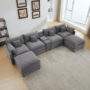 English Elm Modular U Shaped Chenille Sectional with Storage Console Cupholders and USB Charging Grey W5808S00006