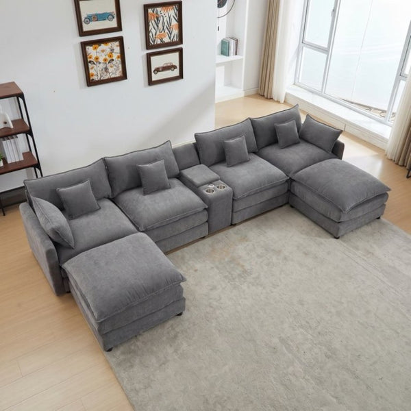 English Elm Modular U Shaped Chenille Sectional with Storage Console Cupholders and USB Charging Grey W5808S00006