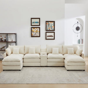 English Elm Modular U Shaped Chenille Sectional with Storage Console Cupholders and USB Charging White W5808S00007