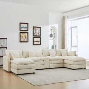 English Elm Modular U Shaped Chenille Sectional with Storage Console Cupholders and USB Charging White W5808S00007