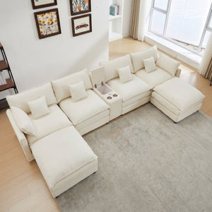 English Elm Modular U Shaped Chenille Sectional with Storage Console Cupholders and USB Charging White W5808S00007