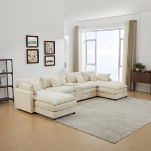 English Elm Modular U Shaped Chenille Sectional with Storage Console Cupholders and USB Charging White W5808S00007