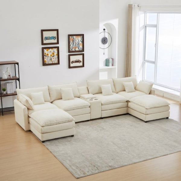 English Elm Modular U Shaped Chenille Sectional with Storage Console Cupholders and USB Charging White W5808S00007