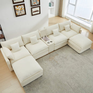 English Elm Modular U Shaped Chenille Sectional with Storage Console Cupholders and USB Charging White W5808S00007