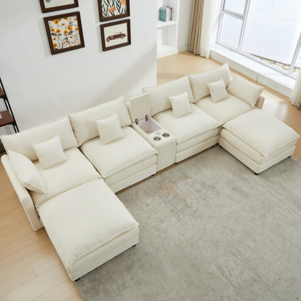 English Elm Modular U Shaped Chenille Sectional with Storage Console Cupholders and USB Charging White W5808S00007