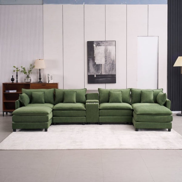 English Elm Modular U Shaped Chenille Sectional with Storage Console Cupholders and USB Charging Green W5808S00008
