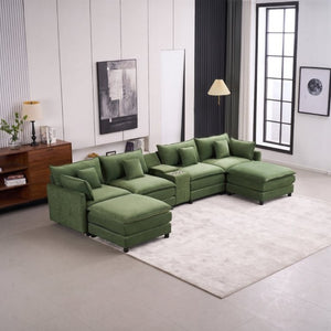 English Elm Modular U Shaped Chenille Sectional with Storage Console Cupholders and USB Charging Green W5808S00008