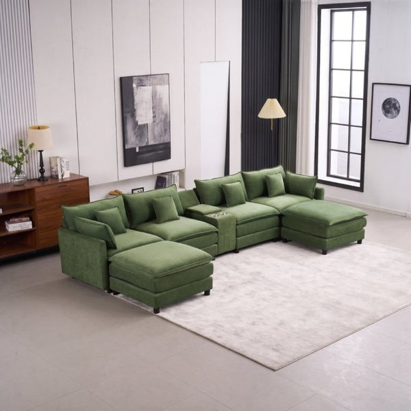 English Elm Modular U Shaped Chenille Sectional with Storage Console Cupholders and USB Charging Green W5808S00008