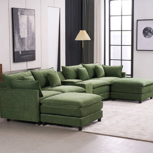 English Elm Modular U Shaped Chenille Sectional with Storage Console Cupholders and USB Charging Green W5808S00008