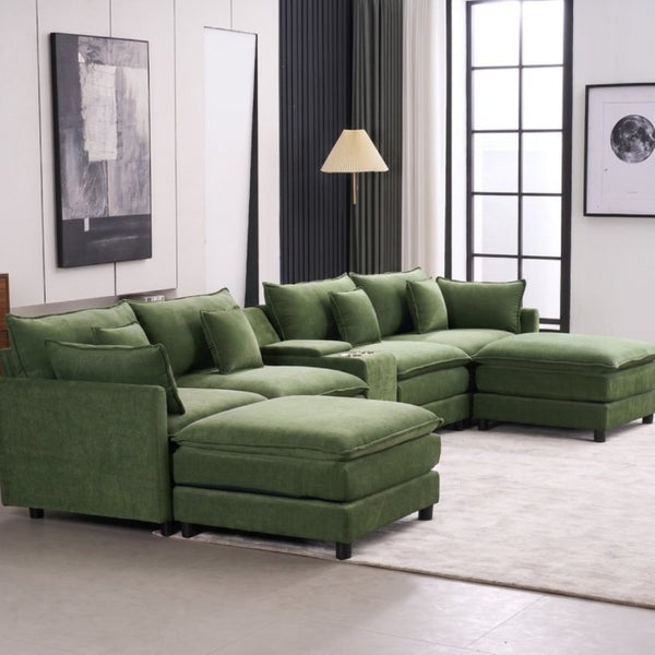 English Elm Modular U Shaped Chenille Sectional with Storage Console Cupholders and USB Charging Green W5808S00008