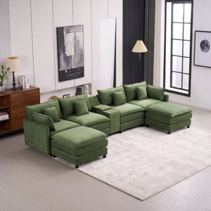 English Elm Modular U Shaped Chenille Sectional with Storage Console Cupholders and USB Charging Green W5808S00008
