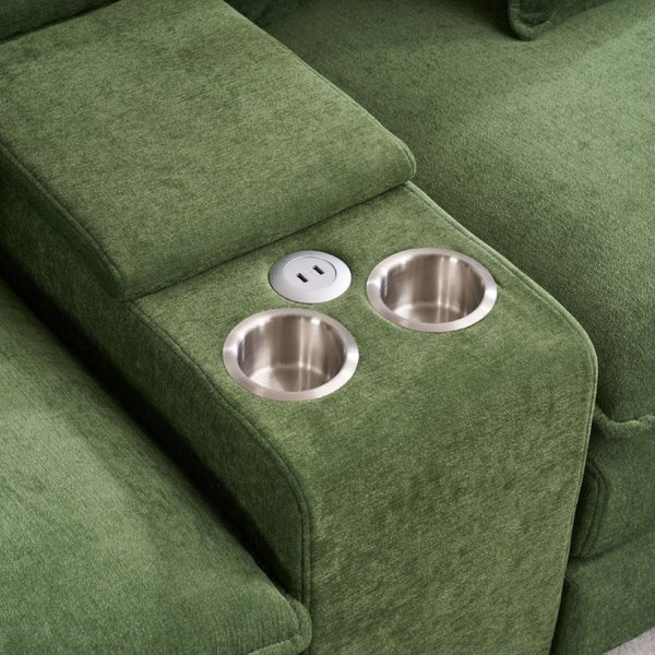 English Elm Modular U Shaped Chenille Sectional with Storage Console Cupholders and USB Charging Green W5808S00008