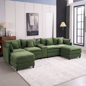 English Elm Modular U Shaped Chenille Sectional with Storage Console Cupholders and USB Charging Green W5808S00008