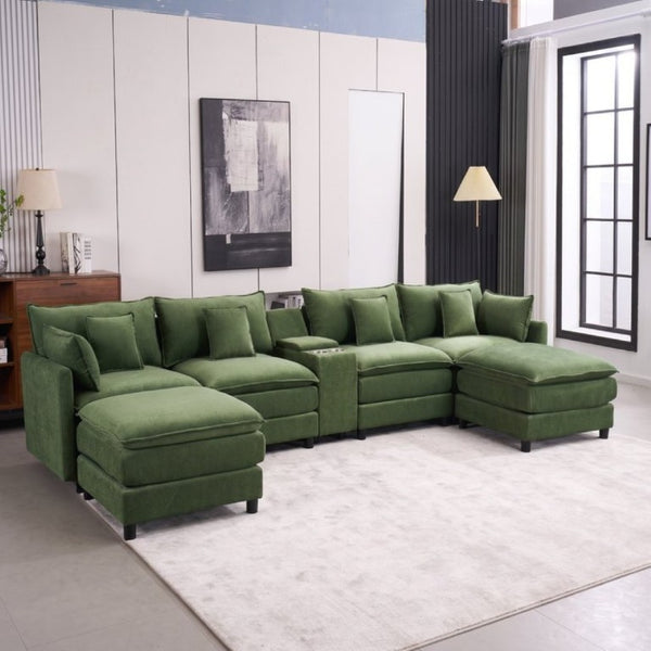 English Elm Modular U Shaped Chenille Sectional with Storage Console Cupholders and USB Charging Green W5808S00008