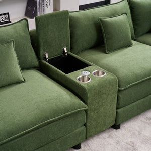 English Elm Modular U Shaped Chenille Sectional with Storage Console Cupholders and USB Charging Green W5808S00008