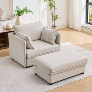 English Elm Oversized Chenille Accent Chair with Storage Ottoman and Pillows for Living Rooms Beige W5808S00009