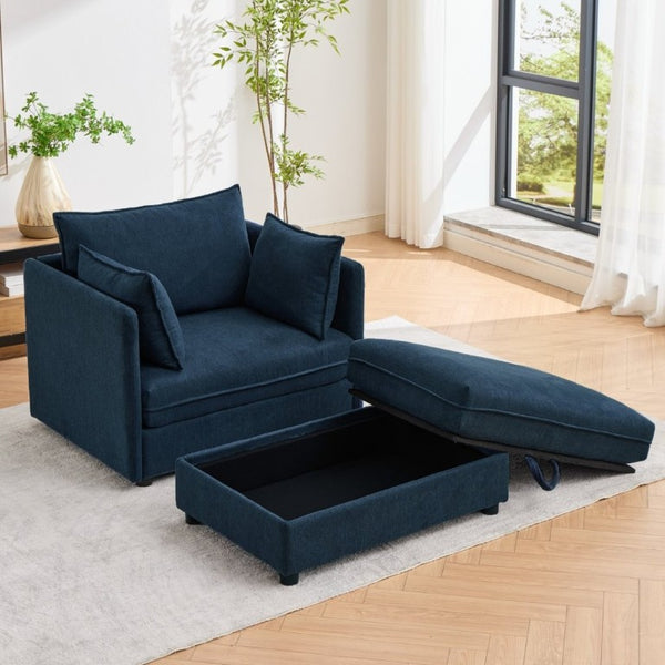 English Elm Oversized Chenille Accent Chair with Storage Ottoman and Pillows for Living Rooms Blue W5808S00011