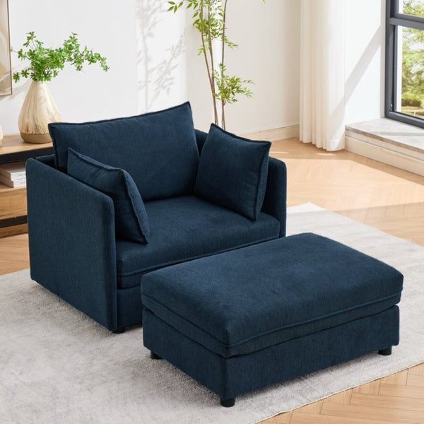 English Elm Oversized Chenille Accent Chair with Storage Ottoman and Pillows for Living Rooms Blue W5808S00011