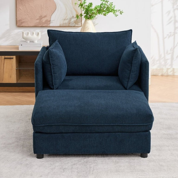 English Elm Oversized Chenille Accent Chair with Storage Ottoman and Pillows for Living Rooms Blue W5808S00011