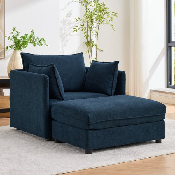English Elm Oversized Chenille Accent Chair with Storage Ottoman and Pillows for Living Rooms Blue W5808S00011